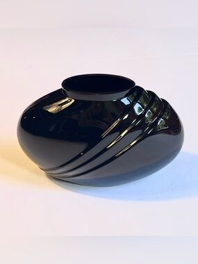 Vintage Blown Glass Vase Art Deco Pleated Oval Decor Black Lightweight 80s Small